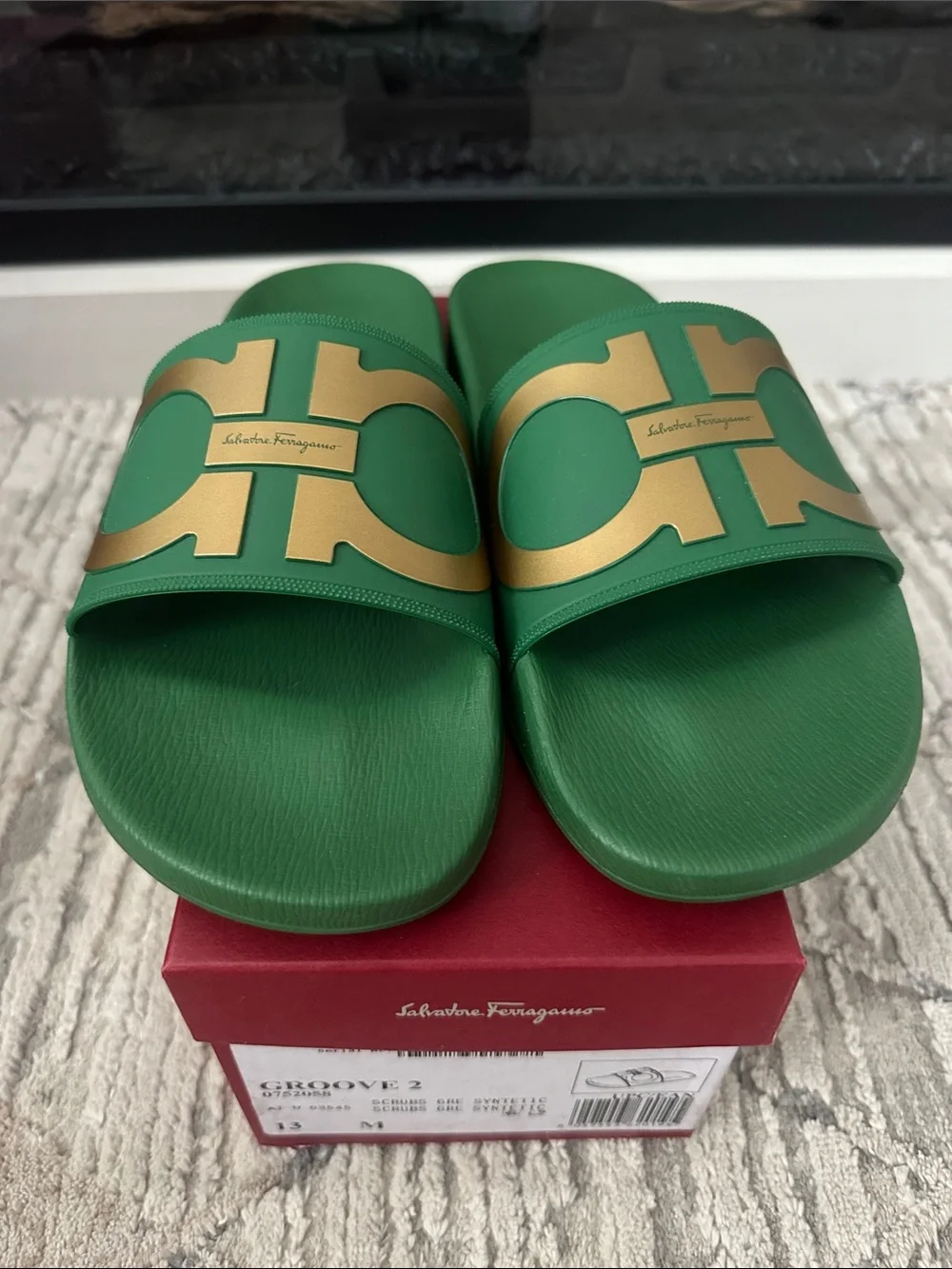 Salvatore Ferragamo Green Slides with Gold Gancini